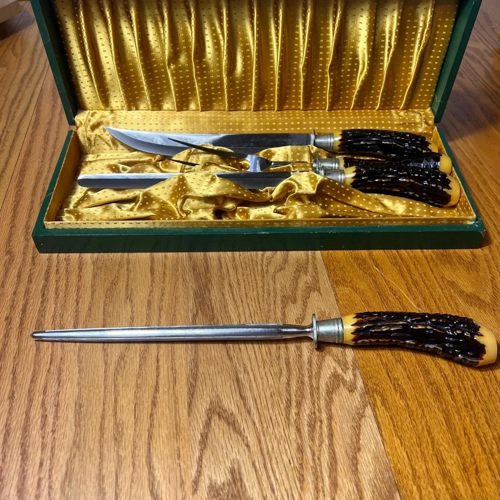 VTG Flint Stainless Vanadium USA Carving Set Faux Stag Handles Sharpener w case